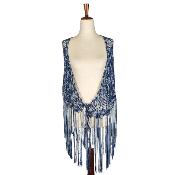 Crochet Boho Fringe Wrap Poncho One Size Blue - Picture 1 of 5